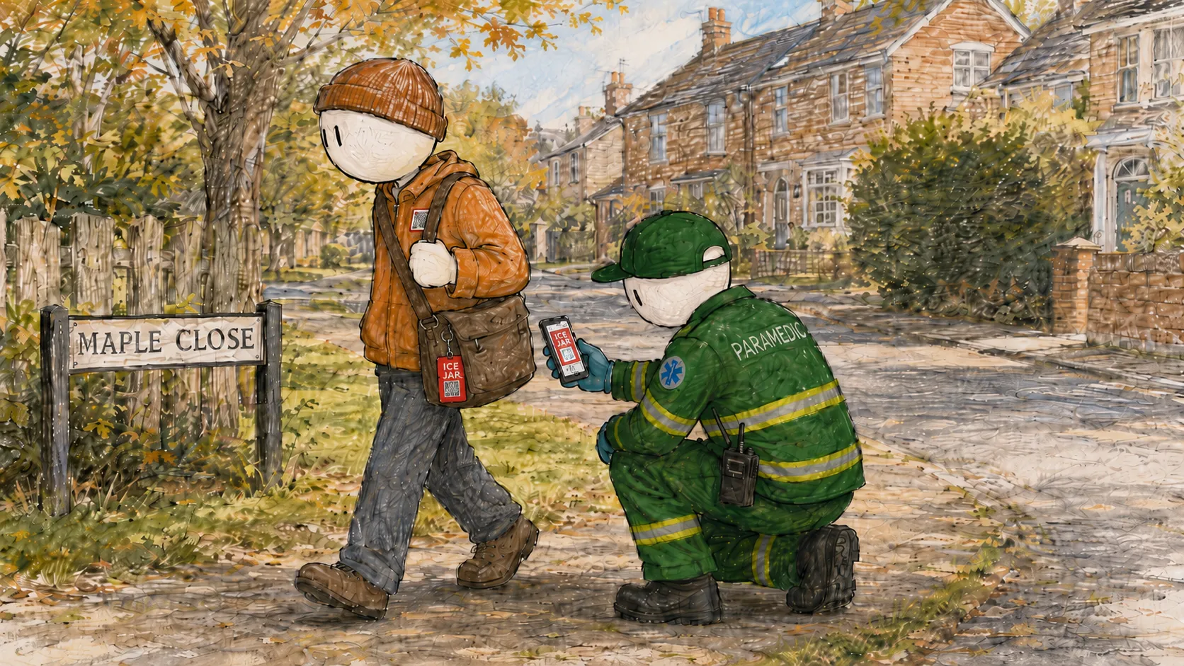A paramedic kneeling on a residential street scanning an ICE Jar QR code on a keyring, near a man walking past a street sign